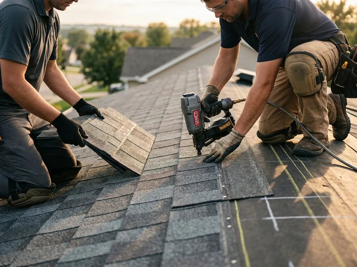 Professional roofer working on a residential roof in Falmouth